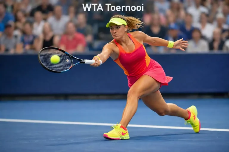 Vrouwelijke tennisster slaat een krachtige forehand op een hardcourt tijdens een WTA-toernooi